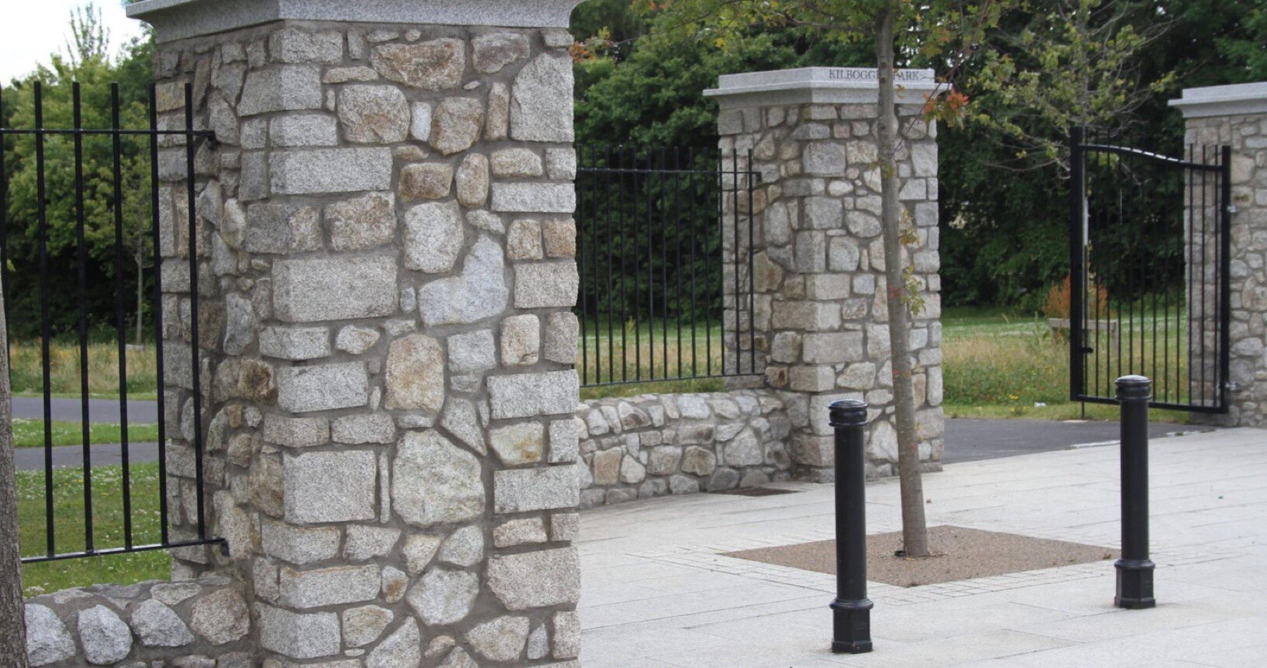 Granite entrance pillars at Kilbogget Park, M11